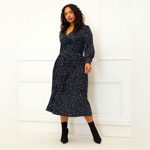 Eloquii Blue Pattern Knot Front Pleated Skirt Long Sleeve Dress Size 22/24 EUC